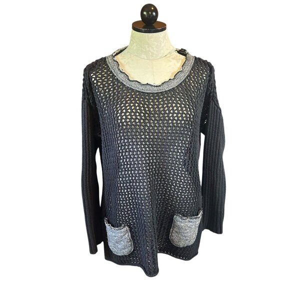 Soft Surroundings Boulevard Pullover Open Knit Sweater Pocketts Black Witchy M - Picture 1 of 10
